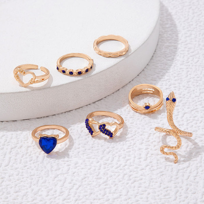 Vintage blue stacking diamond snake-shaped double heart seven-piece ring set