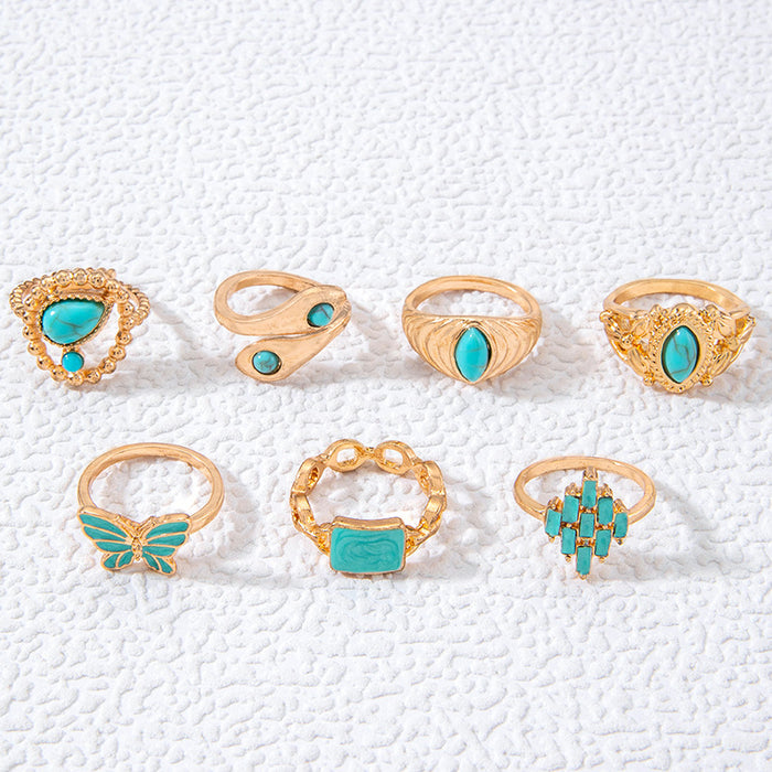 Bohemian Turquoise Snake Eye Ring Set - 7pcs Enamel Butterfly Rings