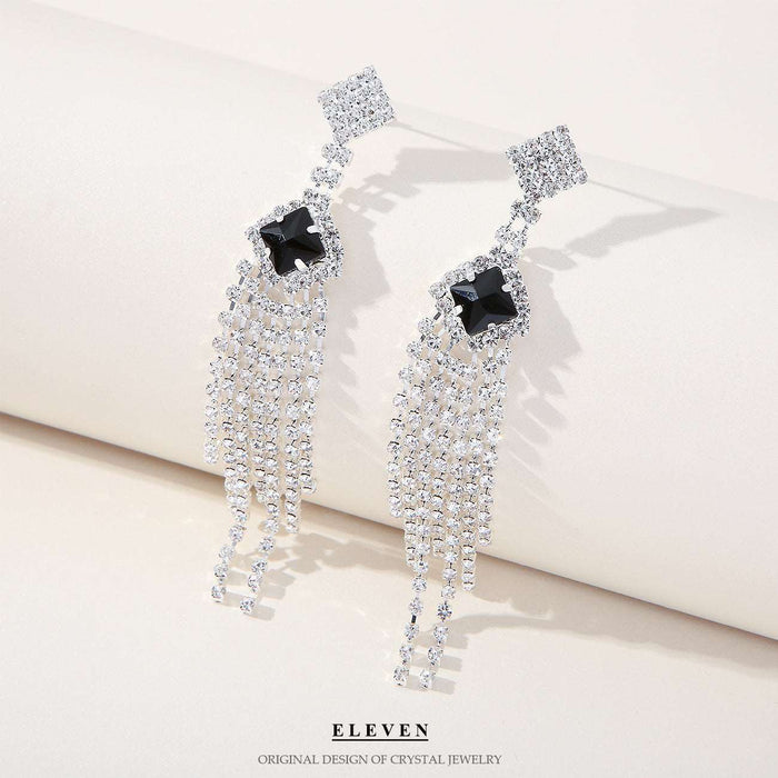 Geometric alloy diamond and rhinestone long tassel earrings