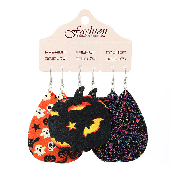 Halloween PU Leather Earring Set with Exaggerated Pumpkin and Alien Design