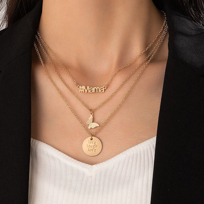 Triple Layered Snake Chain Necklace with Disc, Letter, and Butterfly Pendants - Fashionable Statement Piece