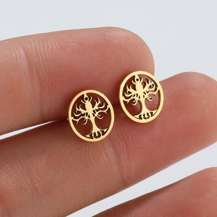 Pendientes de acero inoxidable con forma de árbol de la vida: joyas geométricas sencillas y elegantes