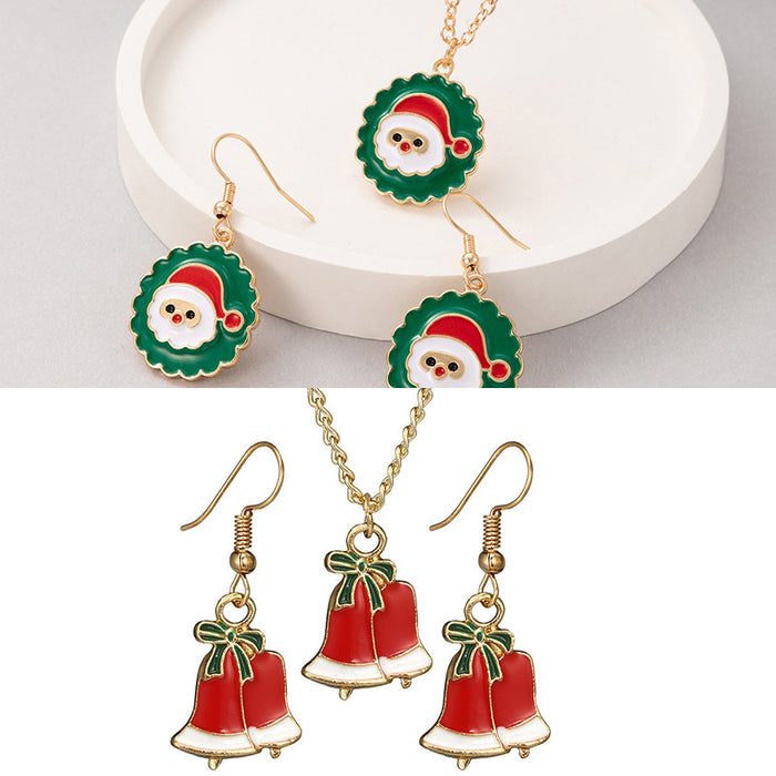 Christmas Santa Claus Pendant Jewelry Set - Geometric Necklace and Earring Set