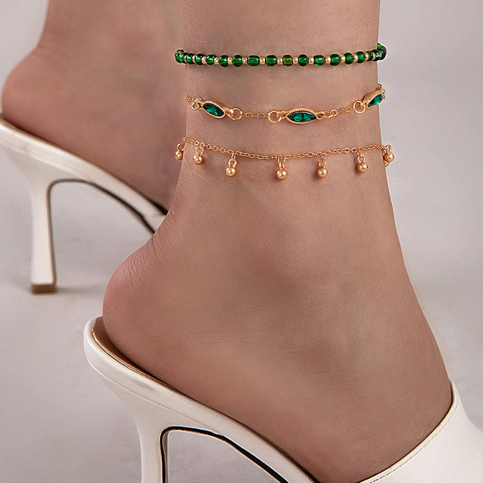 Green Gemstone and Tassel Beaded Anklet Set - Ethnic Style Layered Anklets