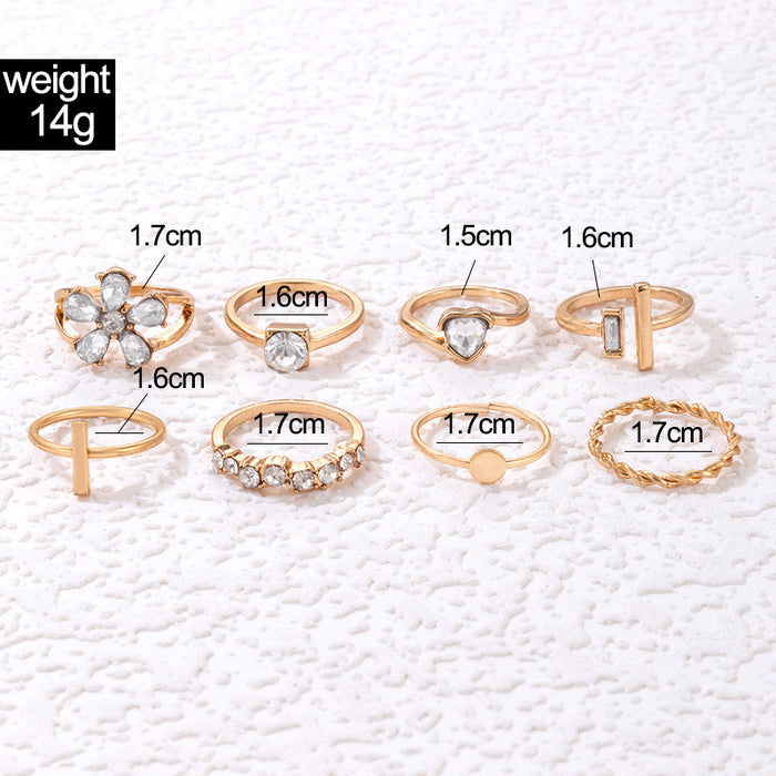 Geometric Heart and Flower Ring Set - 8-Piece Alloy Twisted Rings for Women