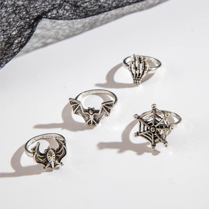 Dark Style Skull Ring Set – Punk Spider & Bat Joint Rings for Halloween, 8-Piece Set