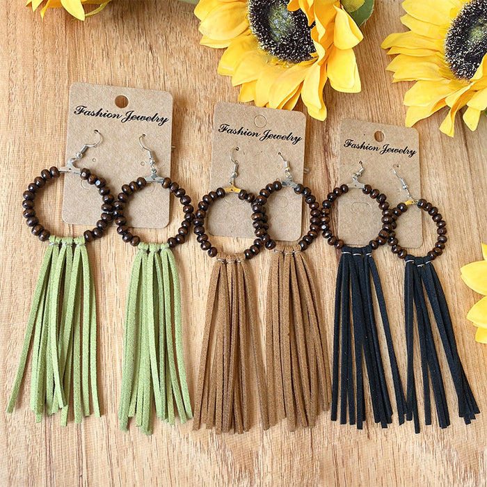 Bohemian Wood Bead Tassel Earrings with Unique Design