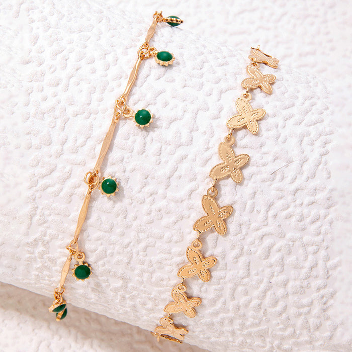 Green Animal Tassel Anklet Set - Double Layer Boho Jewelry