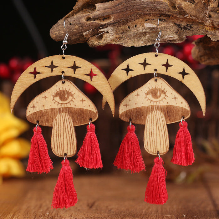 Halloween Tassel Earrings with Wooden Moon and Mushroom Design