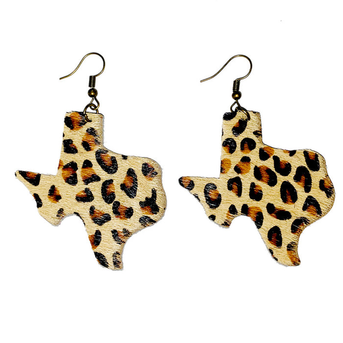 Leopard Print Leather Earrings - Texas Map Fur Design