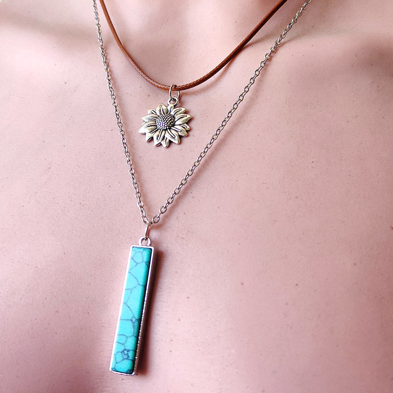 Retro Sunflower Design Double-Layer Necklace with Leather Cord - wallojewerly 