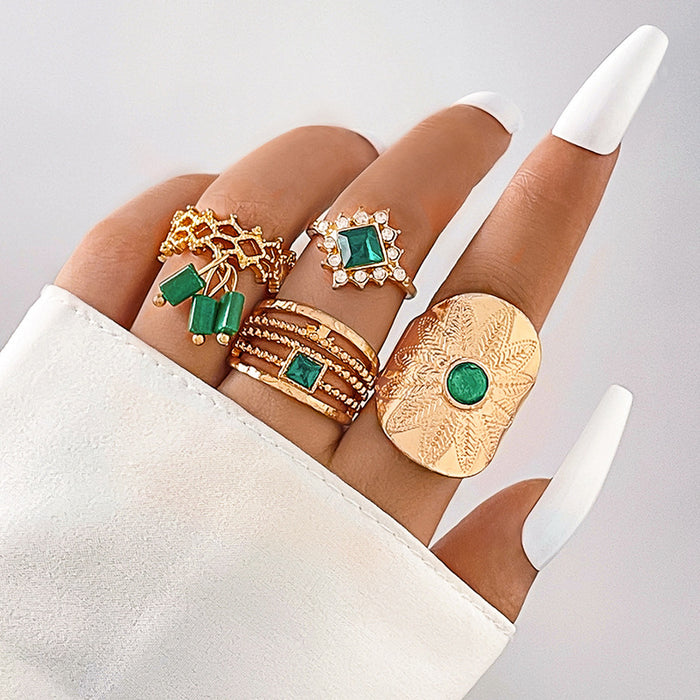 Vintage Emerald Square Gemstone Ring Set - 4pcs Geometric Creative Rings