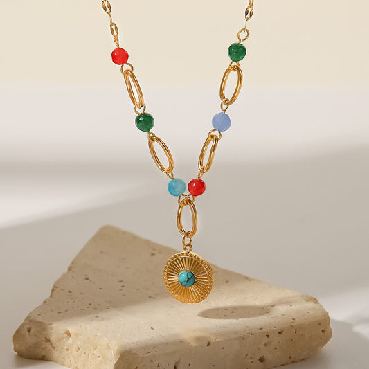 18K Gold-Plated Stainless Steel Necklace with Turquoise Pendant - Stylish Titanium Steel Jewelry with Colorful Beads