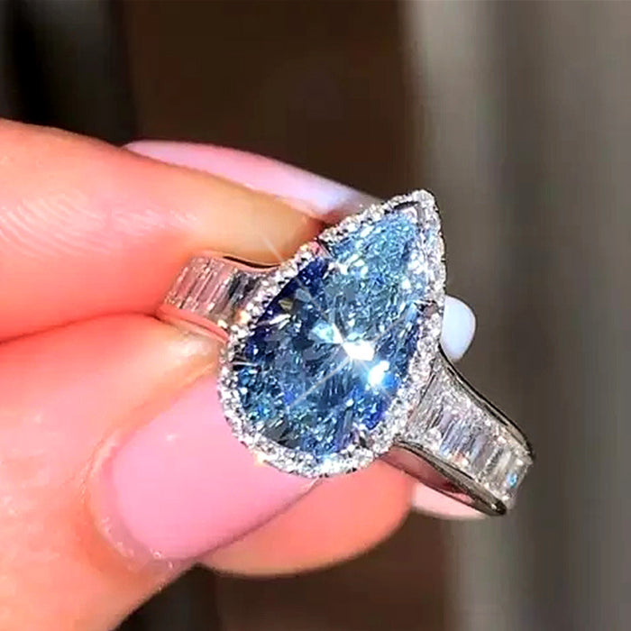 Sea blue teardrop engagement ring internet celebrity diamond female ring