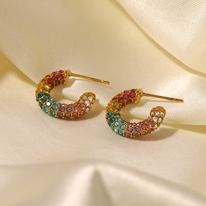 French Style New 18K Gold Plated Stainless Steel Earrings - Colorful Zircon Inlaid Hoop Jewelry for Women