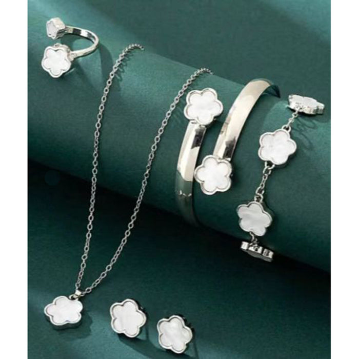 Wholesale 5-piece set of five-petal flower necklace, bracelet, bangle, earrings, and ring - wallojewerly 