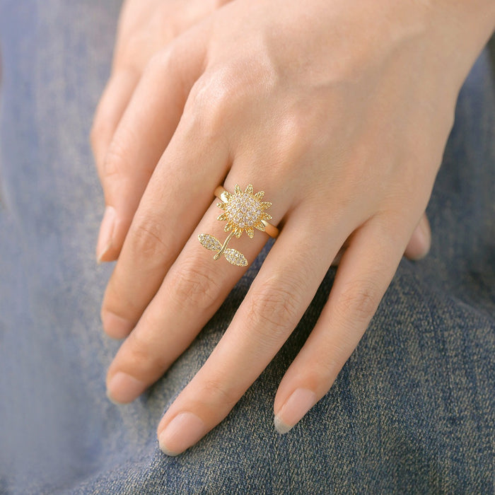 Wholesale copper micro-painted zircon full diamond sunflower rotating open ring