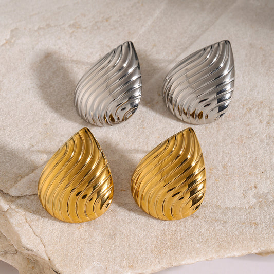 18K Gold Stainless Steel Teardrop Textured Earrings - Minimalist Geometric Titanium Steel Jewelry