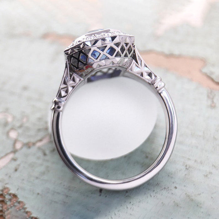 Royal style rich ring hexagonal blue metal ring