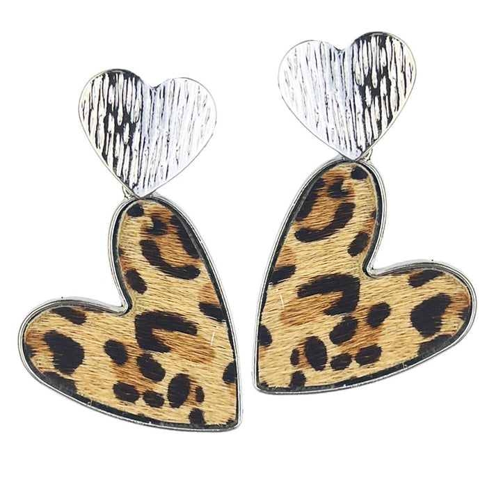 Metal Double Heart Earrings with Cow Print and Leopard Print Leather Design