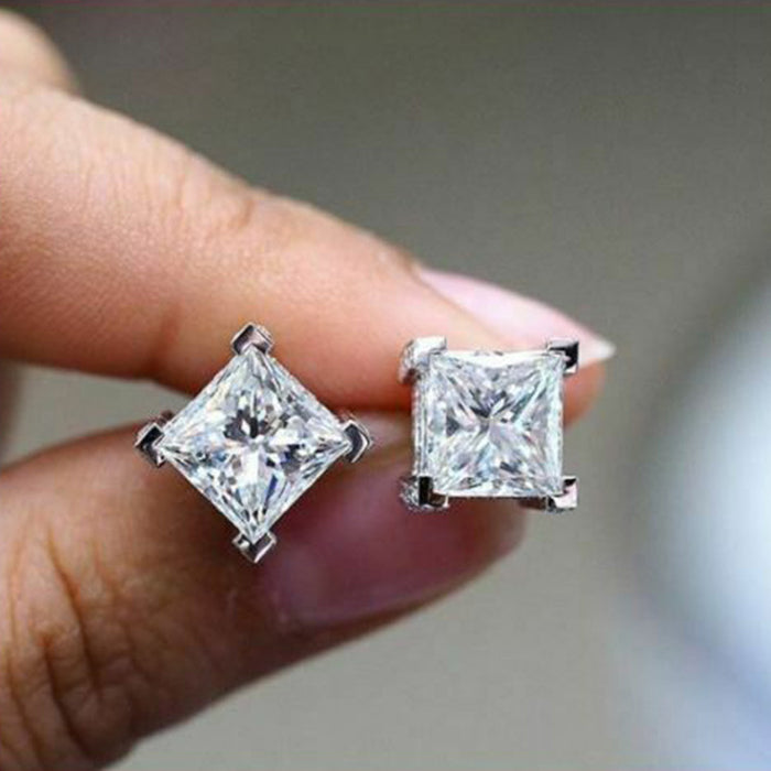 Square four-claw copper plated white gold earrings for women