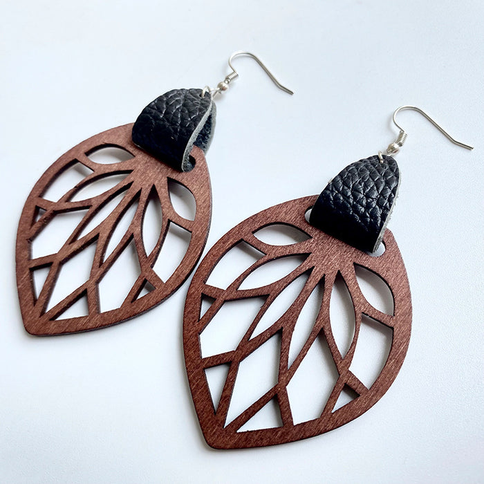 Wooden hollow leaf earrings