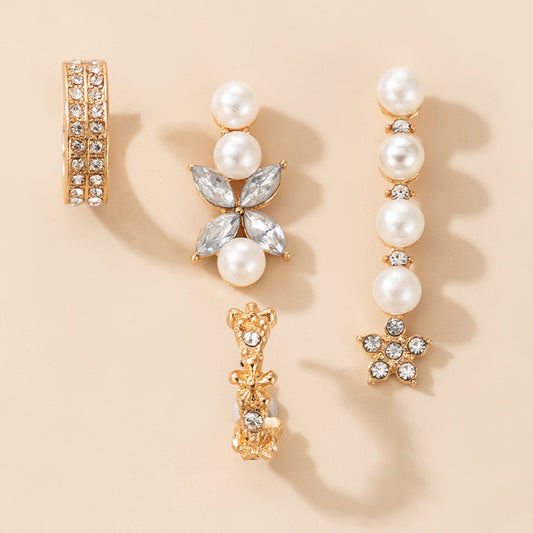 Pearl and diamond earrings set flower geometric earrings four-piece set