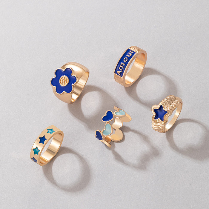 Blue oil drop flower heart ring 5-piece set