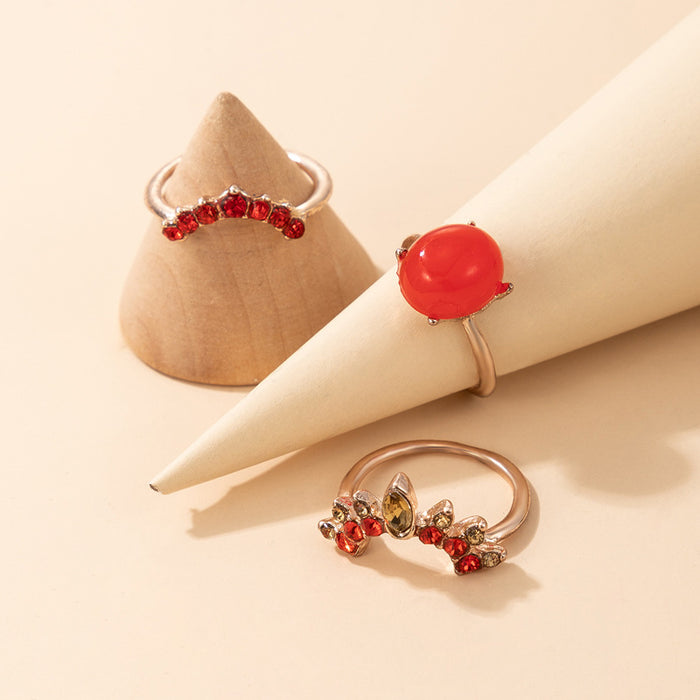 Red gemstone crown three-piece ring, opal female ring set