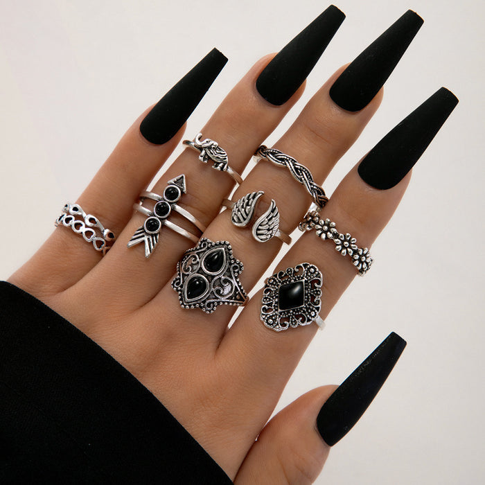 Bohemian Flower Ring Set - 11-Piece Vintage Black Gemstone Rings