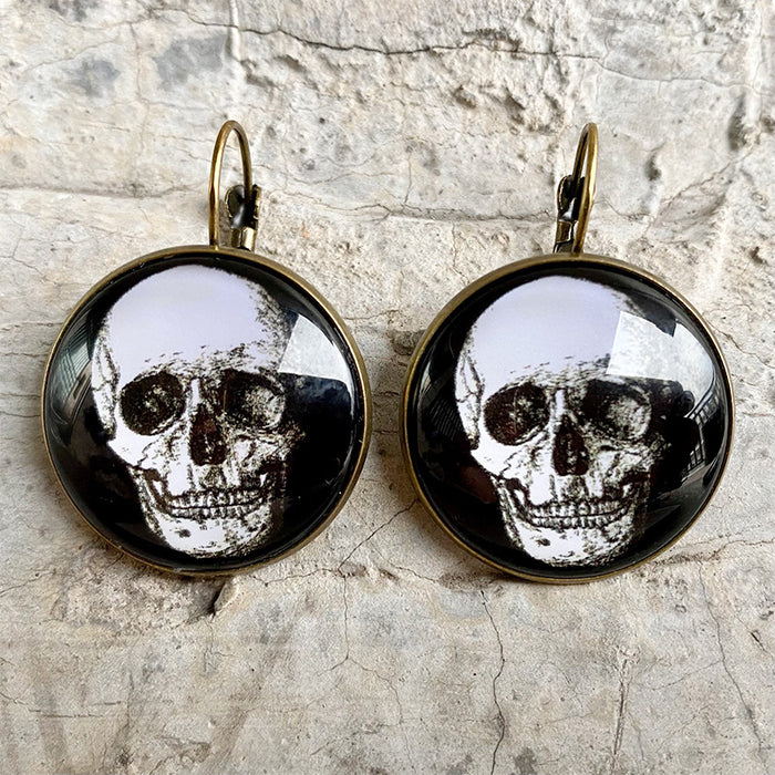 Vintage Glass Skull and Bat Earrings with Halloween Gothic Style