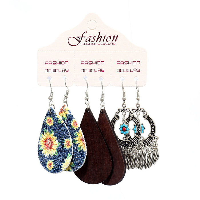 Bohemian Leather and Wood Earrings with Vintage Ethnic Style