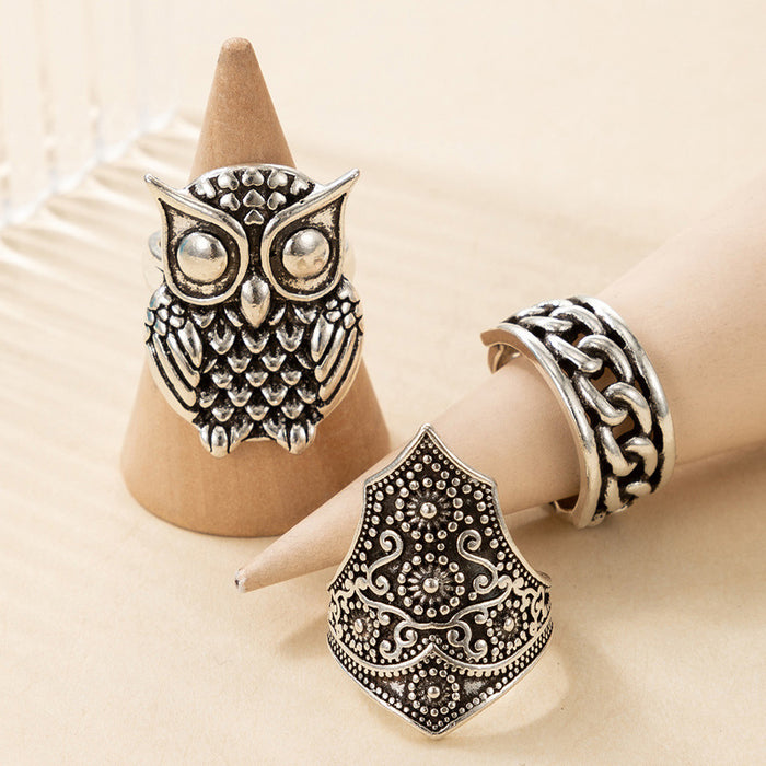 Vintage owl ring three-piece geometric chain totem combination