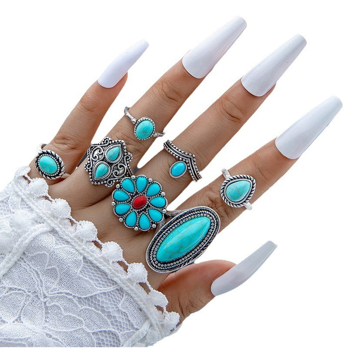 Bohemian Turquoise Ring Set - Stylish Seven-Piece Set for Women