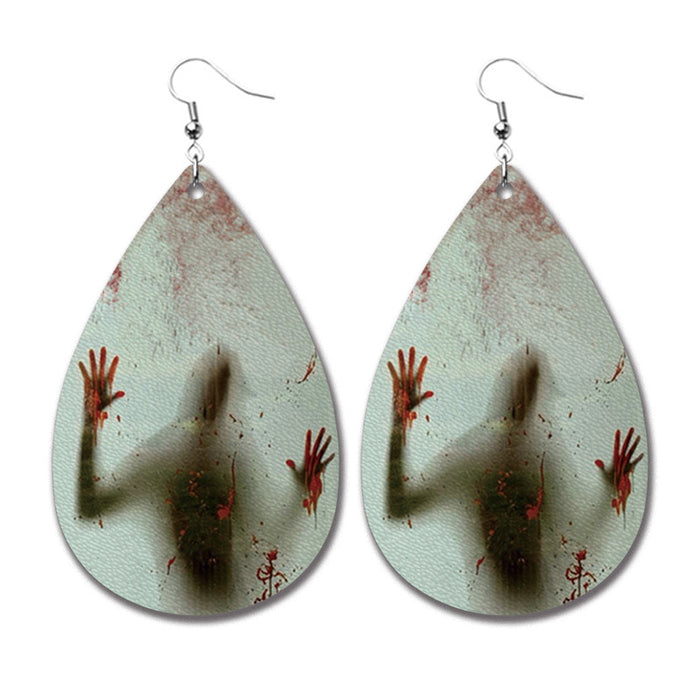 Horror Halloween PU Leather Teardrop Earrings with Blood Stain Design