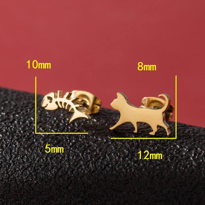 Cat and Fishbone Asymmetric Stud Earrings - Cute and Playful Animal Jewelry