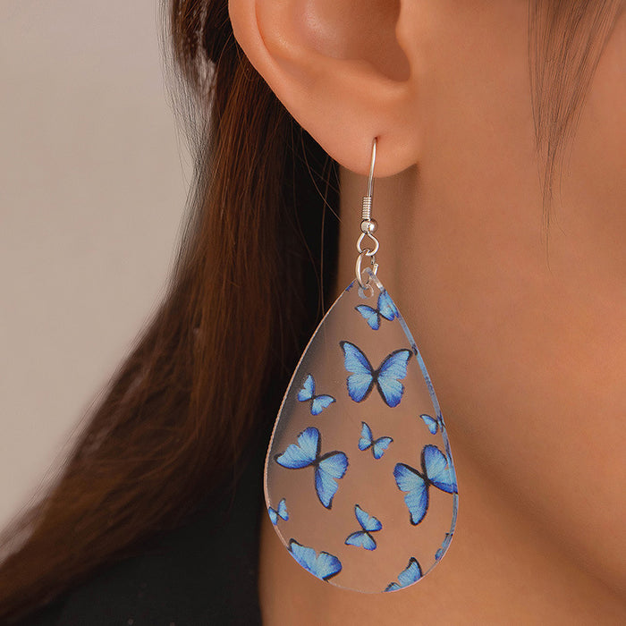 Teardrop Shape Butterfly Print Earrings Transparent Acrylic Earrings