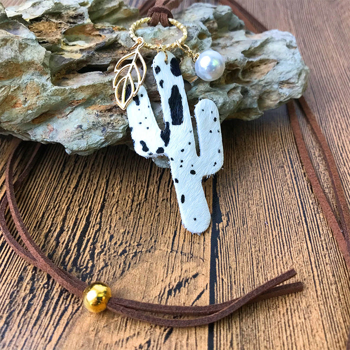 Western Cowboy Necklace with Turquoise and Pearl on Leather Cord - High-End Unique Style