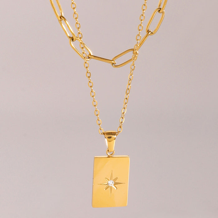 Glossy square star hollow double-layer necklace Simple design pendant