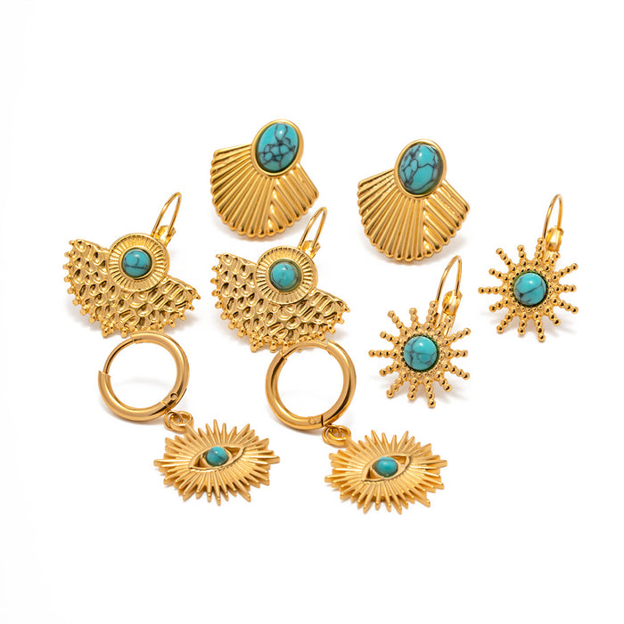 European Cross-Border Turquoise Titanium Steel Earrings - High-End Vintage Non-Fading Jewelry for Wholesale - wallojewerly 