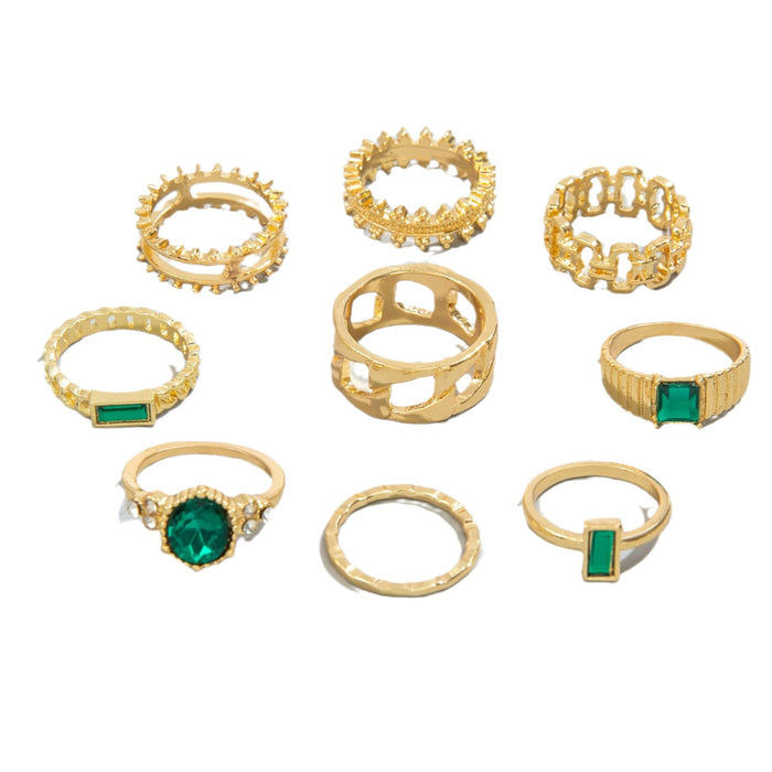 French Vintage Faux Emerald Stone Joint Ring Set – Unique Geometric Rings, 9-Piece Collection