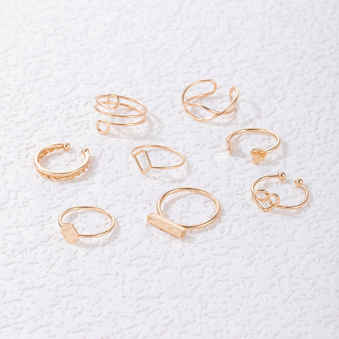 Hollow Heart Ring Set - 8-Piece Simple Geometric Twisted Rings