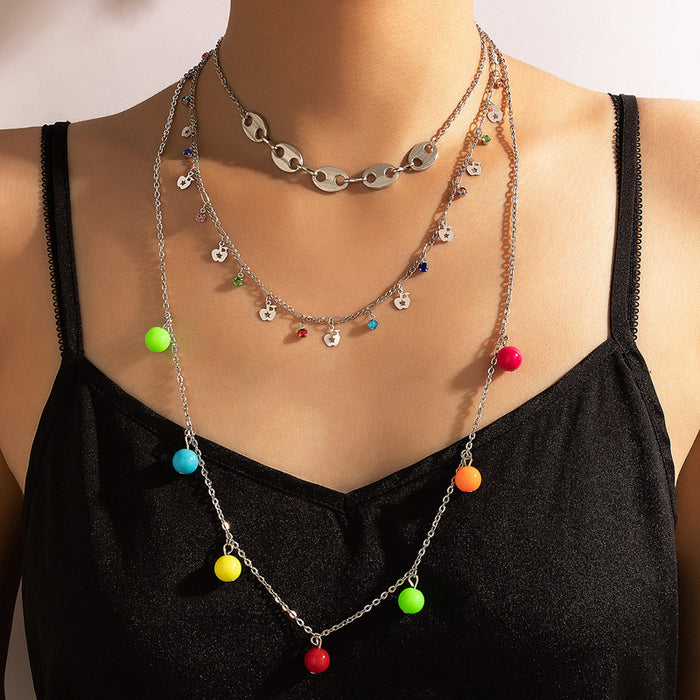 Geometric Apple Star Pendant Necklace - Colorful Rhinestone 3-Layer Chain