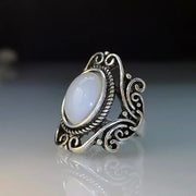 Ring with geometric hollow carvings inlaid with imitation moonstone - wallojewerly 