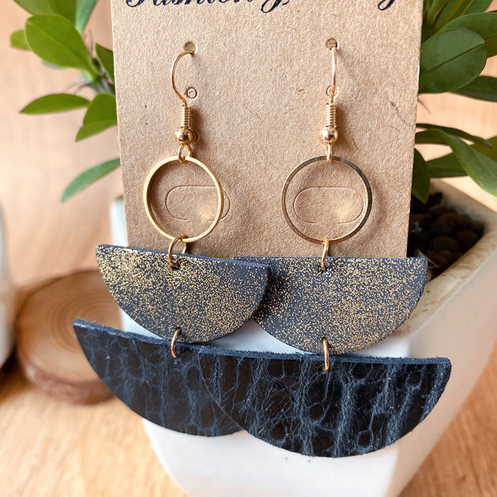 Western Style Metal and Leather Half Moon Earrings