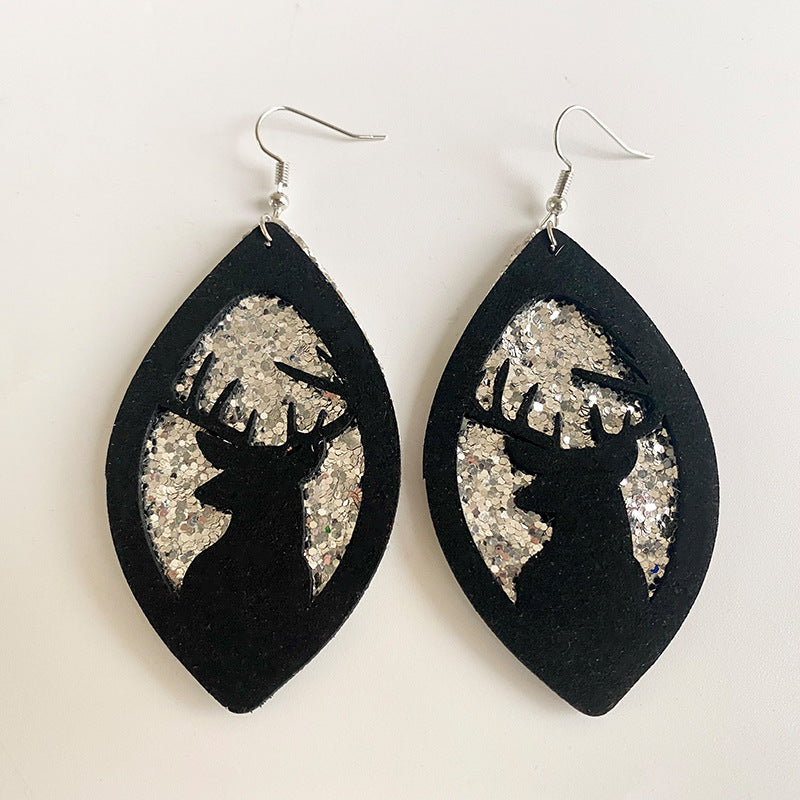 Christmas Teardrop Double-Layer Glitter Leather Earrings with Snowman and Reindeer