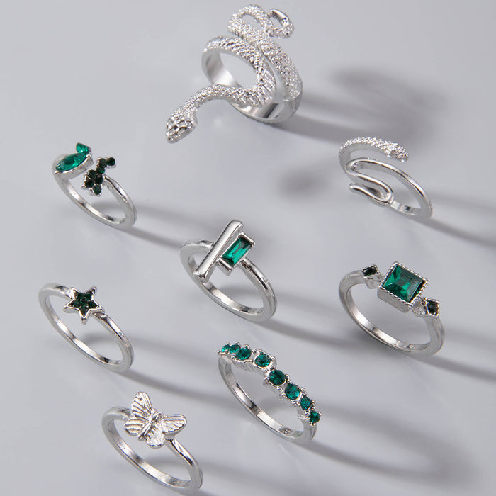 Green Gemstone Butterfly Open Ring Set - 8pcs Cool Snake Rings