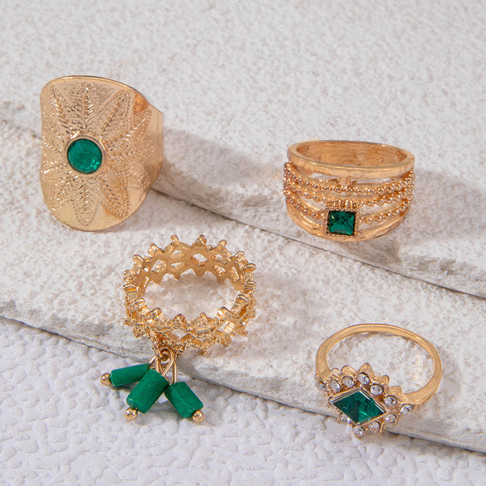 Vintage Emerald Square Gemstone Ring Set - 4pcs Geometric Creative Rings