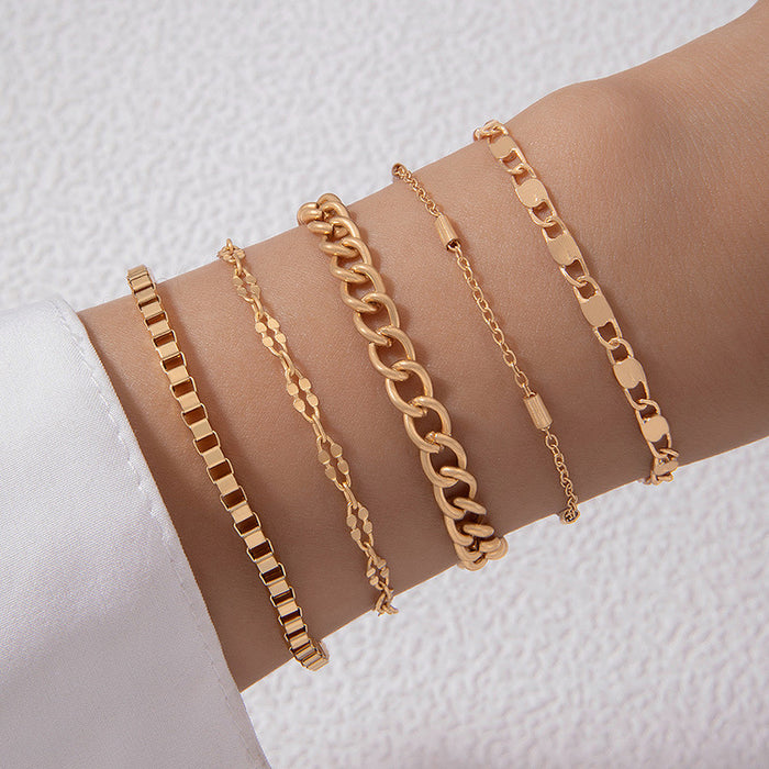 Geometric Metal Bracelet Set - Simple Chain Five-Piece Women’s Jewelry