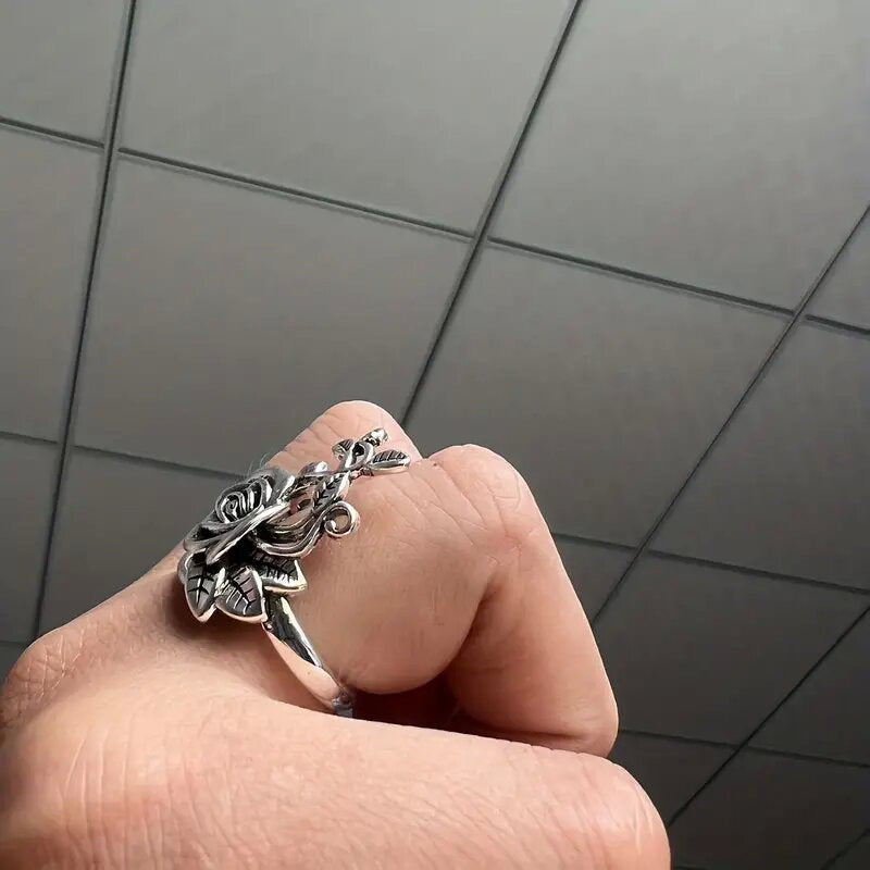 Anillo personalizado con rosa exagerada, anillo retro de moda simple
